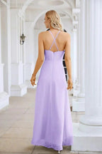 Ladies Chiffon Spaghetti Strap V Neck Front Slit Floor Length Bridesmaid Evening Dress Prom Party Wedding Evening Dress 28116 by numbersea