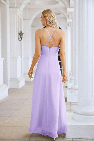 Ladies Chiffon Spaghetti Strap V Neck Front Slit Floor Length Bridesmaid Evening Dress Prom Party Wedding Evening Dress 28116
