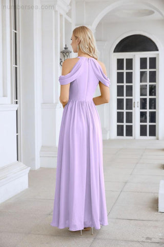 Ladies Chiffon Off Shoulder Swing Sleeve Front Slit Bridesmaid Evening Dress Wedding Party Evening Dress 28117