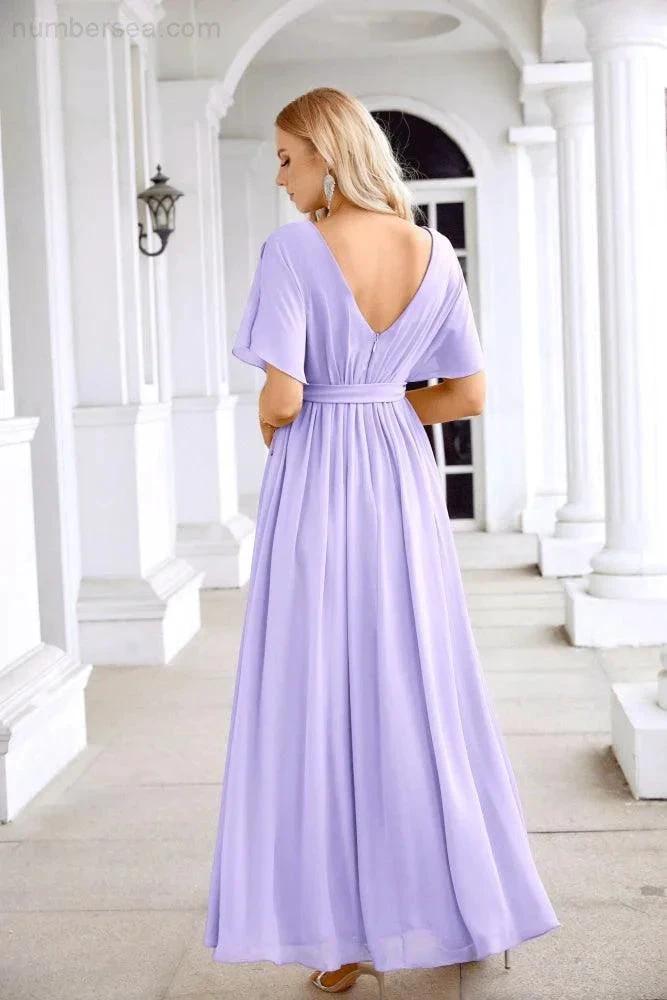 Ladies Chiffon Sleeve Crew Neck Front Slit Floor Length Bridesmaid Evening Dress Wedding Party Evening Dress 28124 by numbersea
