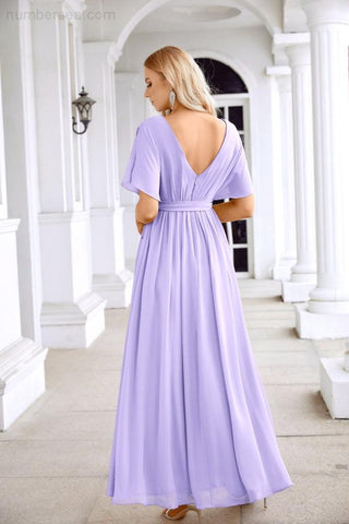 Ladies Chiffon Sleeve Crew Neck Front Slit Floor Length Bridesmaid Evening Dress Wedding Party Evening Dress 28124