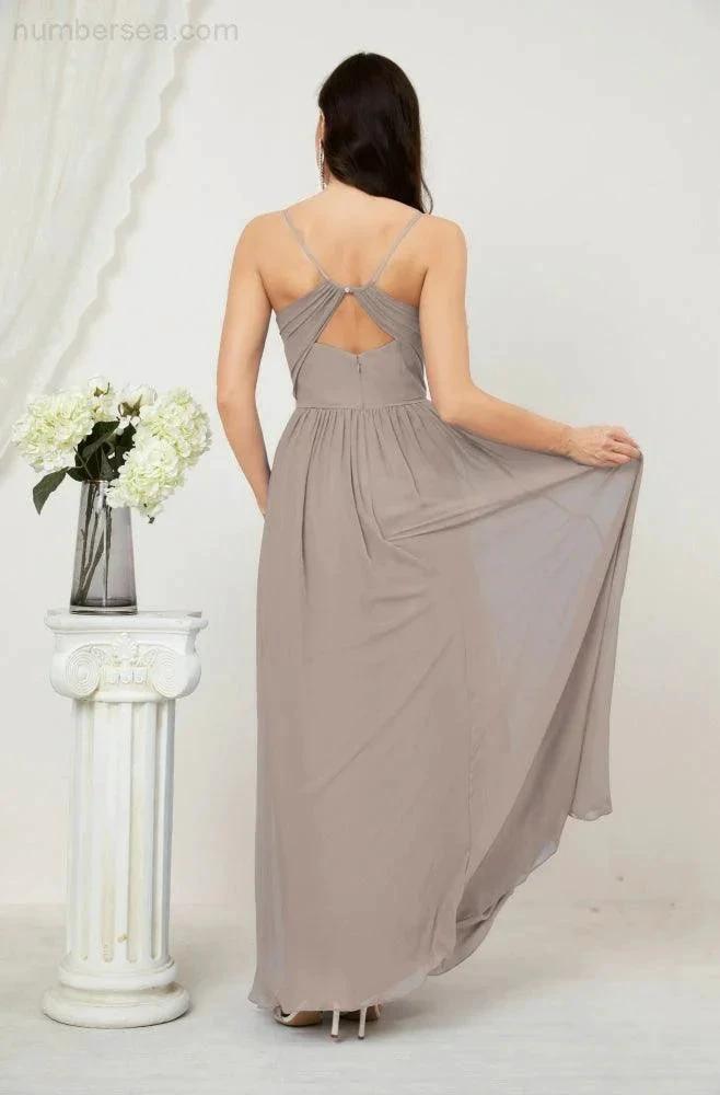 Numbersea Neck Bridesmaid Dresses Chiffon Long Spaghetti A-line Formal Prom Gown for Wedding Party Evening 2801 by numbersea
