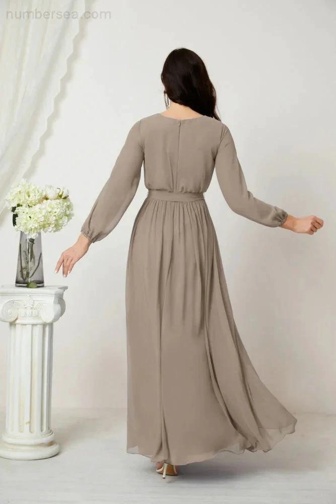 Sunnderly Evening Dresses Deep V-Neck Chiffon Bridesmaid Dresses Long Bishop Sleeve Side Split Formal Dress SY2806 by numbersea