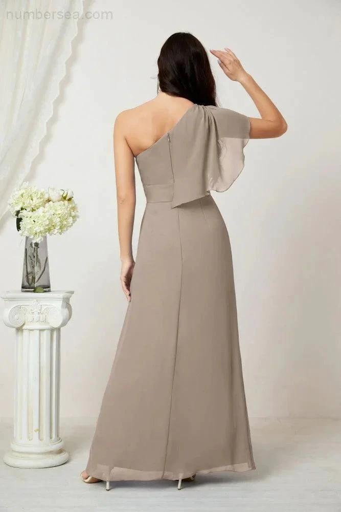 Numbersea Chiffon Ruffled One Shoulder Long Bridesmaid Dresses A-line Formal Evening Gown Side Split 2809 by numbersea