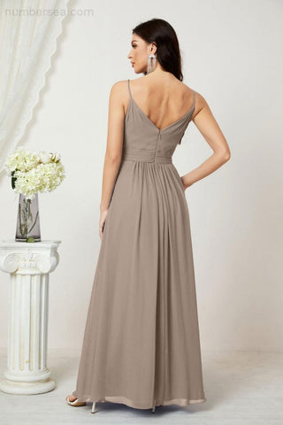 Numbersea Chiffon V-Neck Bridesmaid Dress Spaghetti Strap Long Formal Party Prom Gowns with Slit 28010