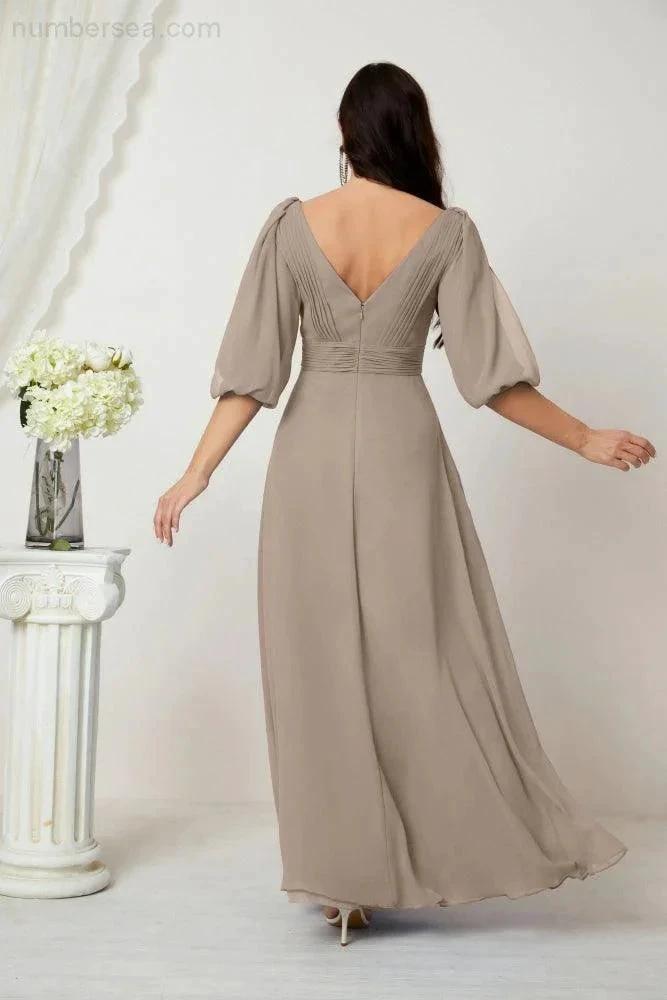 Numbersea Formal Prom Gown Women V-Neck Chiffon Bridesmaid Dresses Long Bishop Sleeve Party Dress 2807 by numbersea