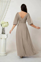 Numbersea Formal Prom Gown Women V-Neck Chiffon Bridesmaid Dresses Long Bishop Sleeve Party Dress 2807 by numbersea