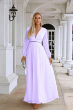 Ladies V Neck Chiffon Long Sleeve Front Slit Bridesmaid Evening Dress Wedding Party Shopping Evening Dress 28109 by numbersea