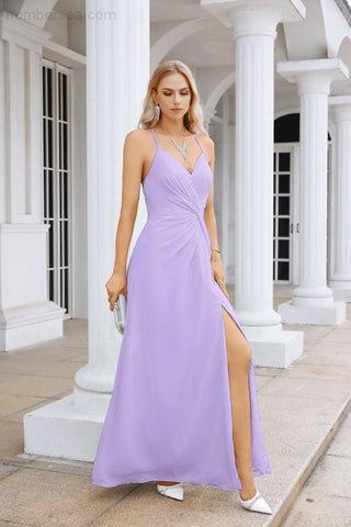 Ladies Chiffon Spaghetti Strap V Neck Front Slit Floor Length Bridesmaid Evening Dress Prom Party Wedding Evening Dress 28116