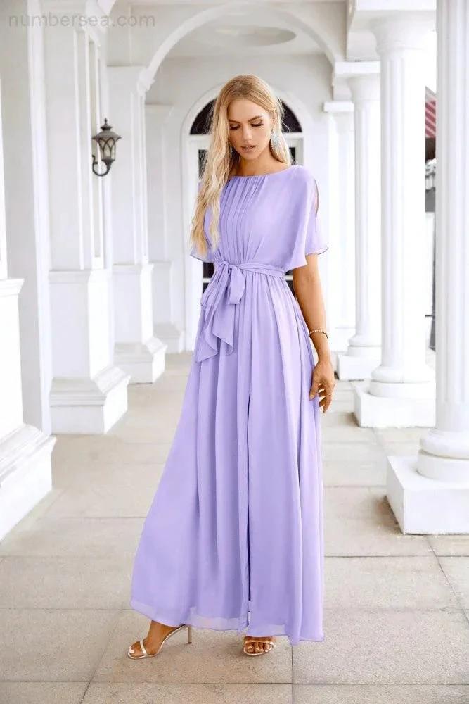 Ladies Chiffon Sleeve Crew Neck Front Slit Floor Length Bridesmaid Evening Dress Wedding Party Evening Dress 28124 by numbersea