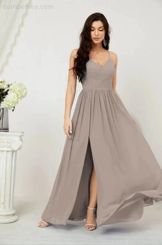Numbersea Neck Bridesmaid Dresses Chiffon Long Spaghetti A-line Formal Prom Gown for Wedding Party Evening 2801 by numbersea