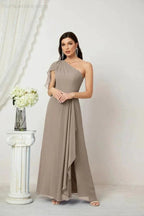 Numbersea Chiffon Ruffled One Shoulder Long Bridesmaid Dresses A-line Formal Evening Gown Side Split 2809 by numbersea