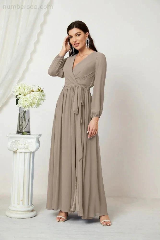 Sunnderly Evening Dresses Deep V-Neck Chiffon Bridesmaid Dresses Long Bishop Sleeve Side Split Formal Dress SY2806 by numbersea