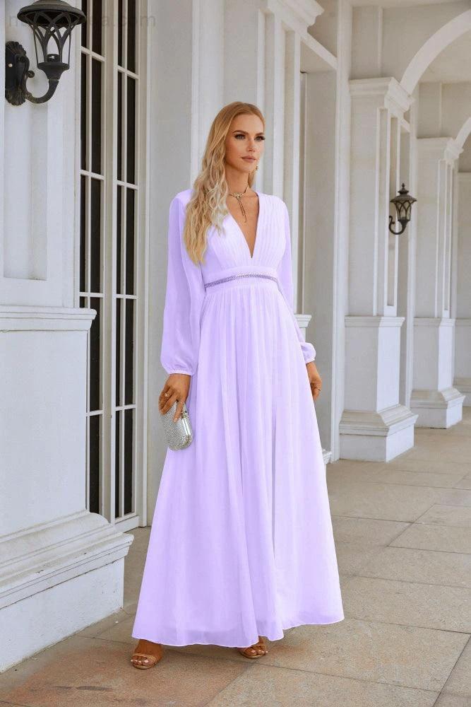 Ladies V Neck Chiffon Long Sleeve Front Slit Bridesmaid Evening Dress Wedding Party Shopping Evening Dress 28109 by numbersea