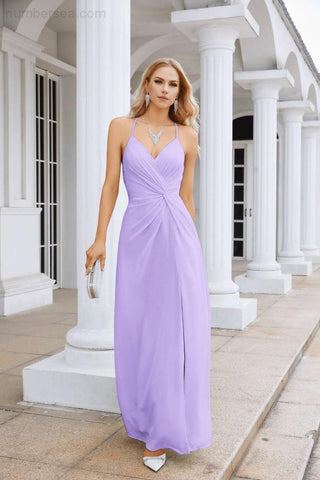 Ladies Chiffon Spaghetti Strap V Neck Front Slit Floor Length Bridesmaid Evening Dress Prom Party Wedding Evening Dress 28116