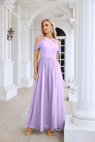 Ladies Chiffon Off Shoulder Swing Sleeve Front Slit Bridesmaid Evening Dress Wedding Party Evening Dress 28117