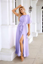 Ladies Chiffon Sleeve Crew Neck Front Slit Floor Length Bridesmaid Evening Dress Wedding Party Evening Dress 28124 by numbersea