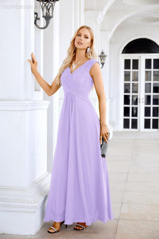 Ladies Chiffon V Neck Sleeveless Floor Length Bridesmaid Evening Dress Wedding Party Evening Dress 28126