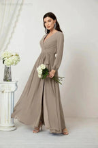 Sunnderly Evening Dresses Deep V-Neck Chiffon Bridesmaid Dresses Long Bishop Sleeve Side Split Formal Dress SY2806 by numbersea