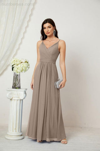 Numbersea Chiffon V-Neck Bridesmaid Dress Spaghetti Strap Long Formal Party Prom Gowns with Slit 28010