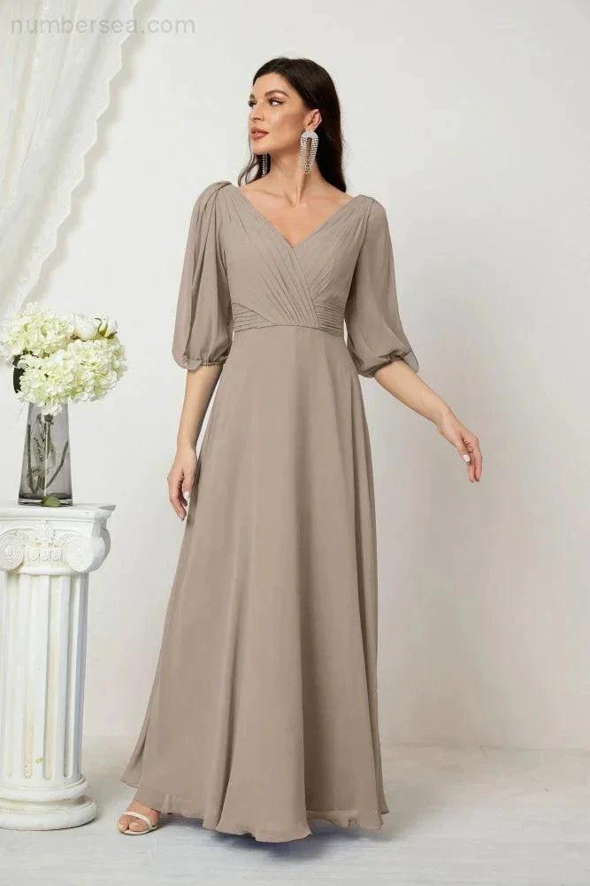 Numbersea Formal Prom Gown Women V-Neck Chiffon Bridesmaid Dresses Long Bishop Sleeve Party Dress 2807 by numbersea