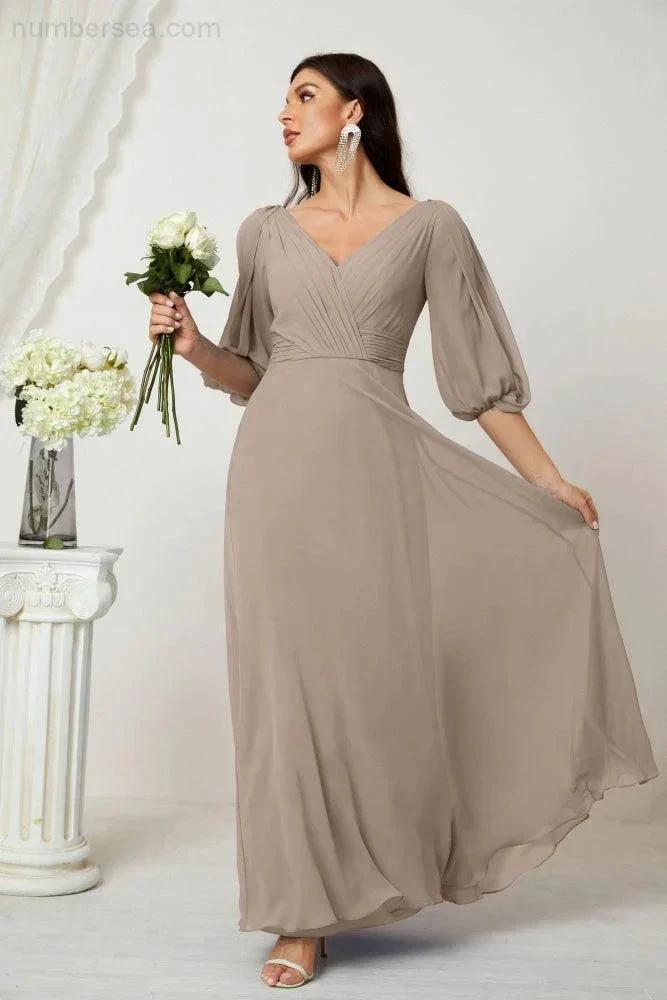 Numbersea Formal Prom Gown Women V-Neck Chiffon Bridesmaid Dresses Long Bishop Sleeve Party Dress 2807 by numbersea