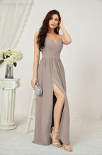 Numbersea Neck Bridesmaid Dresses Chiffon Long Spaghetti A-line Formal Prom Gown for Wedding Party Evening 2801 by numbersea