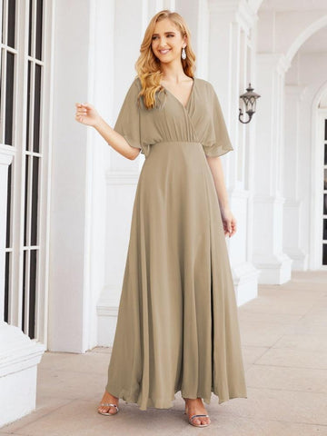 Numbersea V-Neck Bridesmaid Dress Chiffon Long Open Back Formal Dresses for Women Party Evening 28067