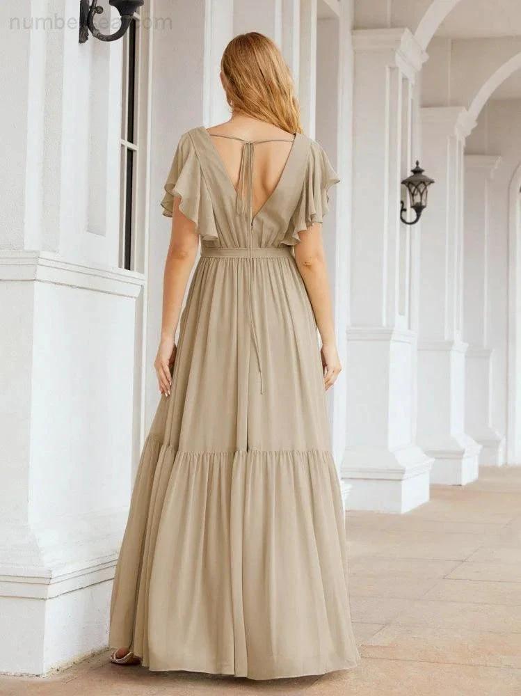 Numbersea Women's Open Back Formal Evening Party Prom Gowns V-Neck Long Chiffon Bridesmaid Dresses with Waist Belt 28038 by numbersea