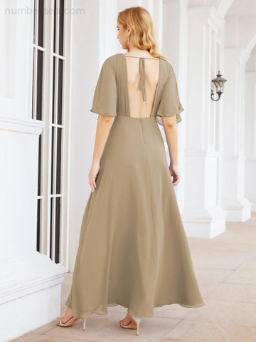 Numbersea V-Neck Bridesmaid Dress Chiffon Long Open Back Formal Dresses for Women Party Evening 28067