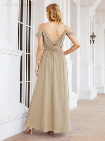 Numbersea Off The Shoulder Chiffon Bridesmaid Dress Long Formal Graduation Gown with Cowl Back 28069