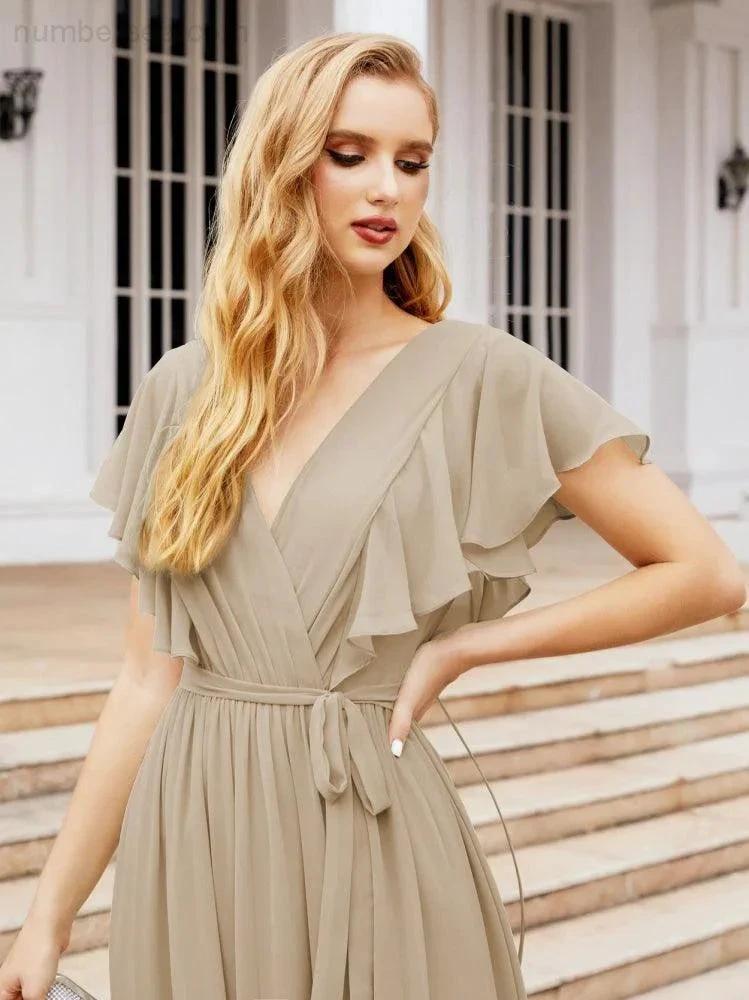 Numbersea Women's Open Back Formal Evening Party Prom Gowns V-Neck Long Chiffon Bridesmaid Dresses with Waist Belt 28038 by numbersea
