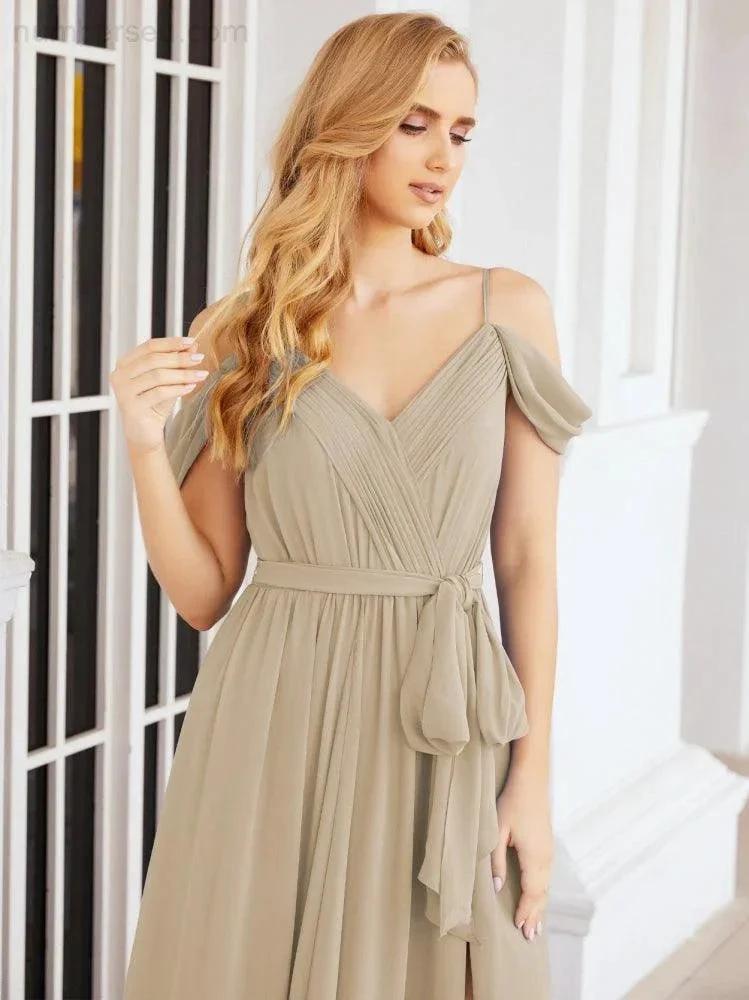 Numbersea Off The Shoulder Chiffon Bridesmaid Dress Long Formal Graduation Gown with Cowl Back 28069 by numbersea