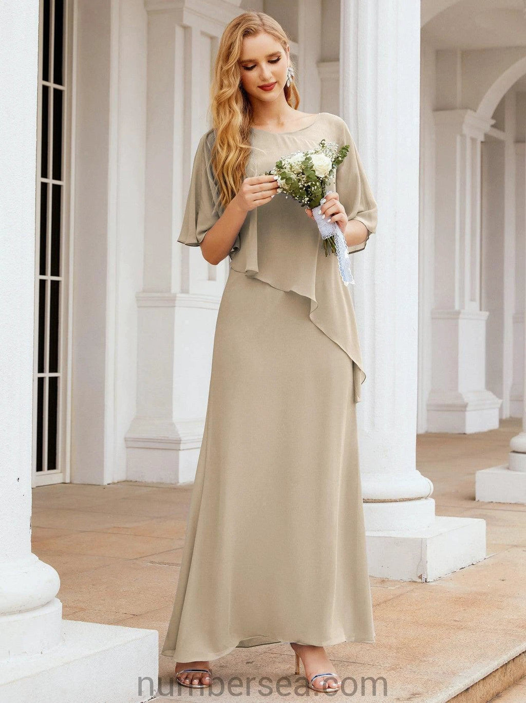 Sunnderly Formal Party Gown Dress Long Mother of The Bride Dresses with Ruffle Cape SY28026 by numbersea