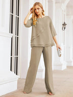Sunnderly Elegant 2 Piece Mother of The Bride Dress Plus Size Pant Suits Ruffle Layers Sliver Housecoat SY28064 by numbersea