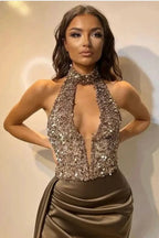 Sexy Halter Deep V-neck Sequins Mermaid Prom Dress with Split Front by BIZTUNNEL