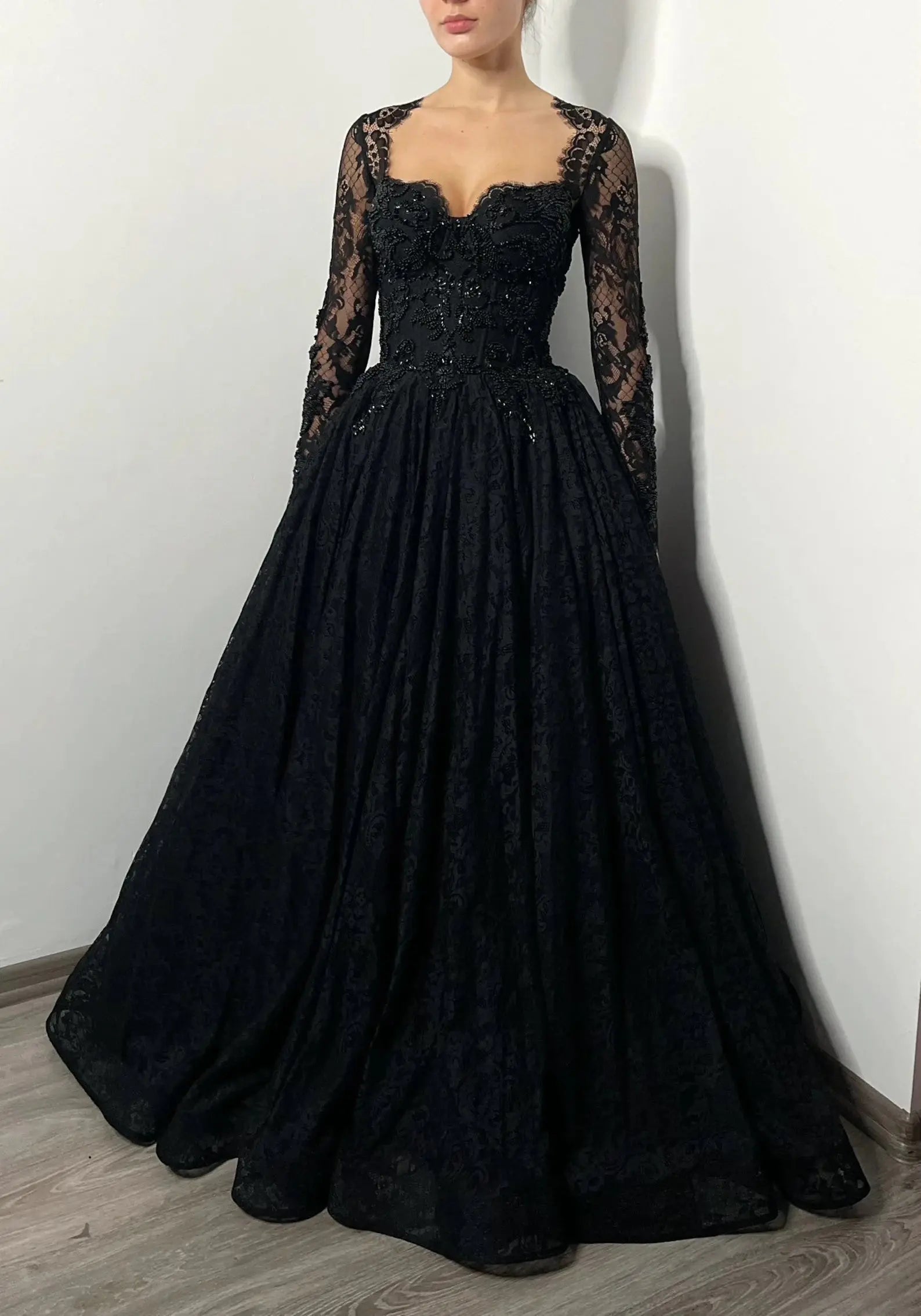 Black Luxury Gothic Wedding Dress Heavy Beaded Lace Ball Gown  SW557