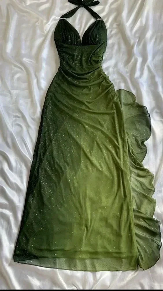 Sexy Halter Ombre Green V Neck Chiffon Long Prom Dress Party Evening Gown Y7484 by simplepromdress