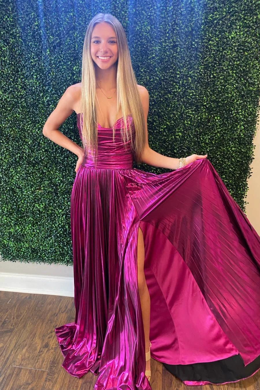 Oakley | Green Metallic Strapless Pleated A-Line Long Prom Dresses by KissProm