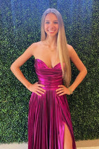 Oakley | Green Metallic Strapless Pleated A-Line Long Prom Dresses by KissProm