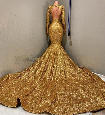 Gold Long Sequined V-Neck Bakless Mermaid Prom Dress With Sleeves