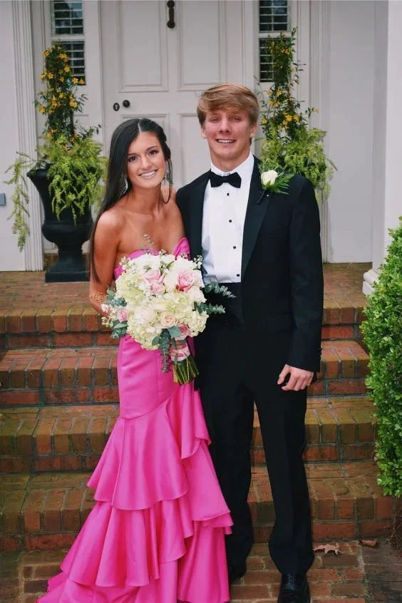 Hot Pink Satin Mermaid Prom Dresses Long Evening Gowns With Tiered Y1577 by simplepromdress