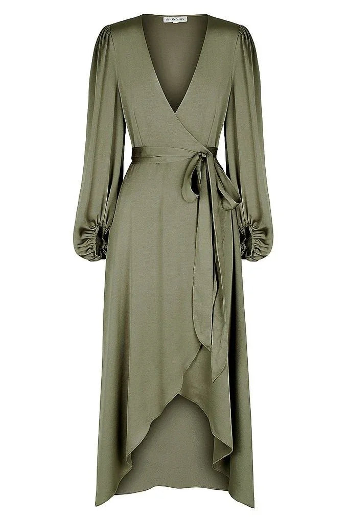 Olive green wrap dress with long sleeves and waist tie, asymmetrical hem, ZAPDRESS fashion