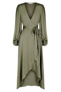 Olive green wrap dress with long sleeves and waist tie, asymmetrical hem, ZAPDRESS fashion