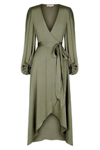 Olive green wrap dress with long sleeves and waist tie, asymmetrical hem, ZAPDRESS fashion
