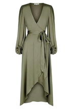 Olive green wrap dress with long sleeves, tie waist, and asymmetrical hem, ZAPDRESS fashion