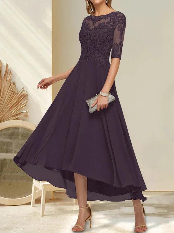 A-line Boat Neck Illusion Asymmetrical Chiffon Lace Mother of the Bride Dress With Sequins Beading by Dreamylily