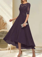 A-line Boat Neck Illusion Asymmetrical Chiffon Lace Mother of the Bride Dress With Sequins Beading by Dreamylily