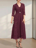 A-line V-Neck Tea-Length Chiffon Mother of the Bride Dress by Dreamylily