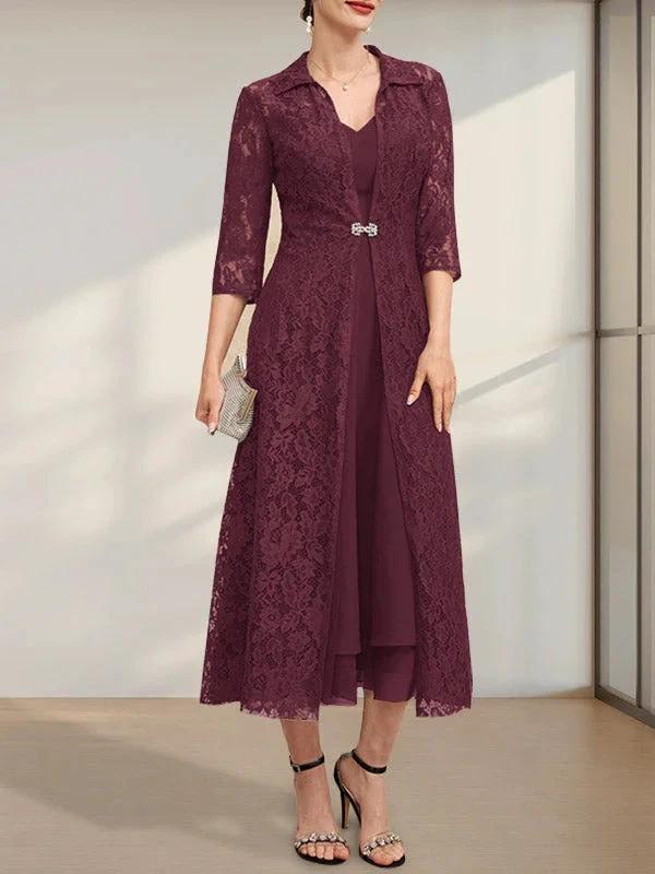 A-line V-Neck Tea-Length Chiffon Mother of the Bride Dress by Dreamylily